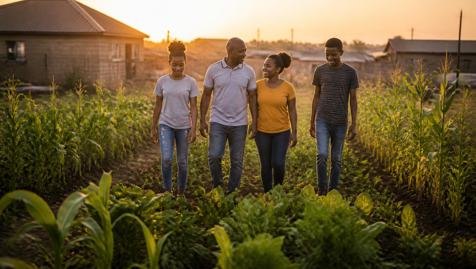 Members of Isivande Food Security walking between rows of maize and spinach at sunrise