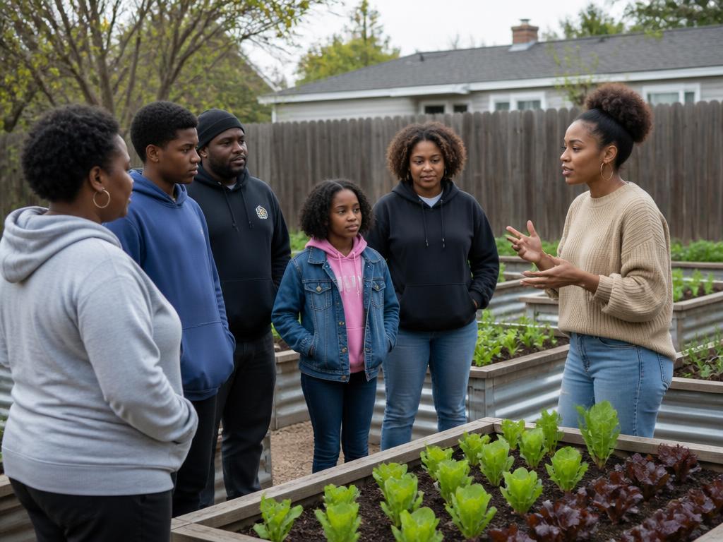 Isivande field mentor teaching a community group beside raised vegetable beds